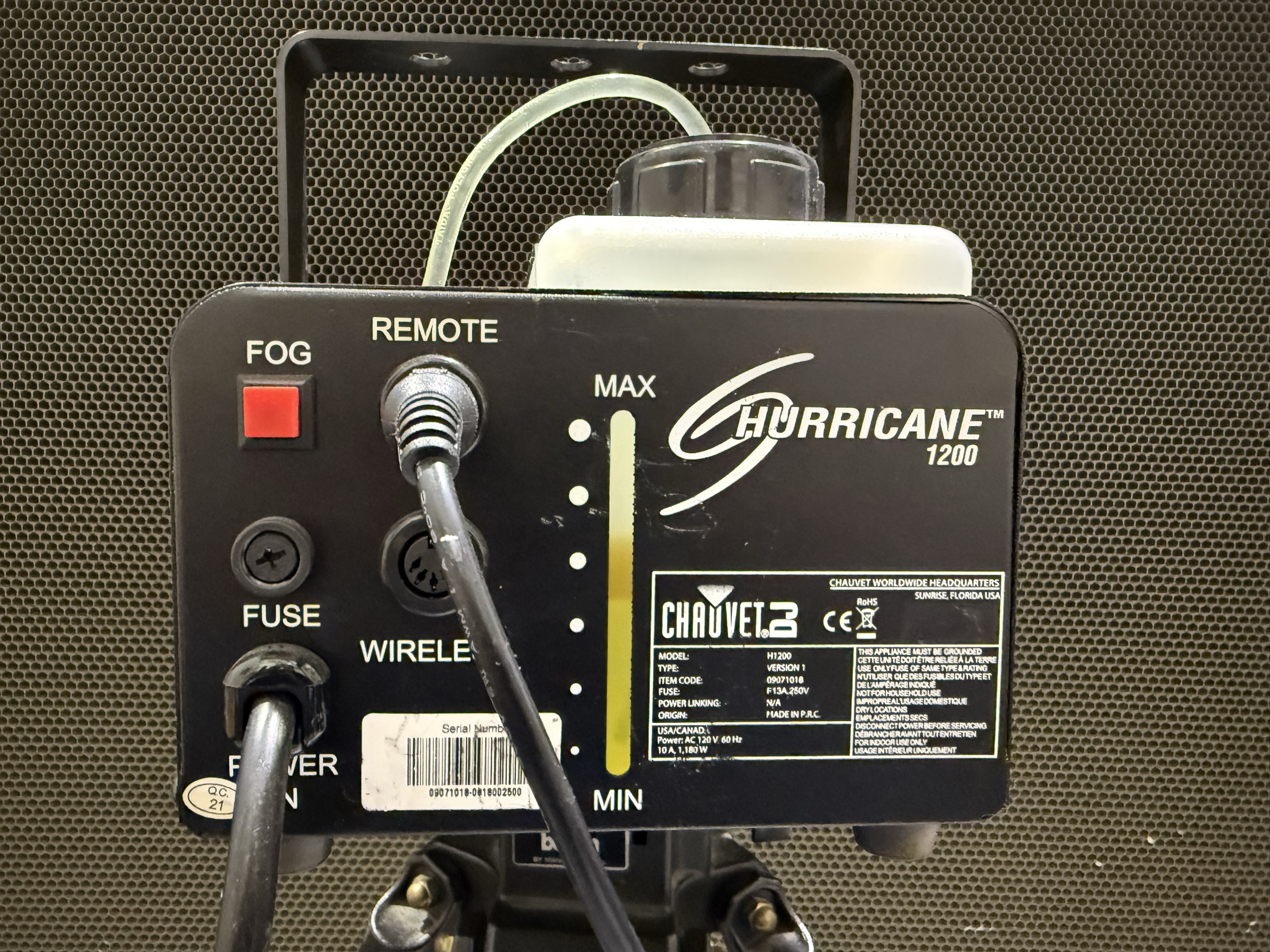 Smoke generator — back view (settings dial visible)
